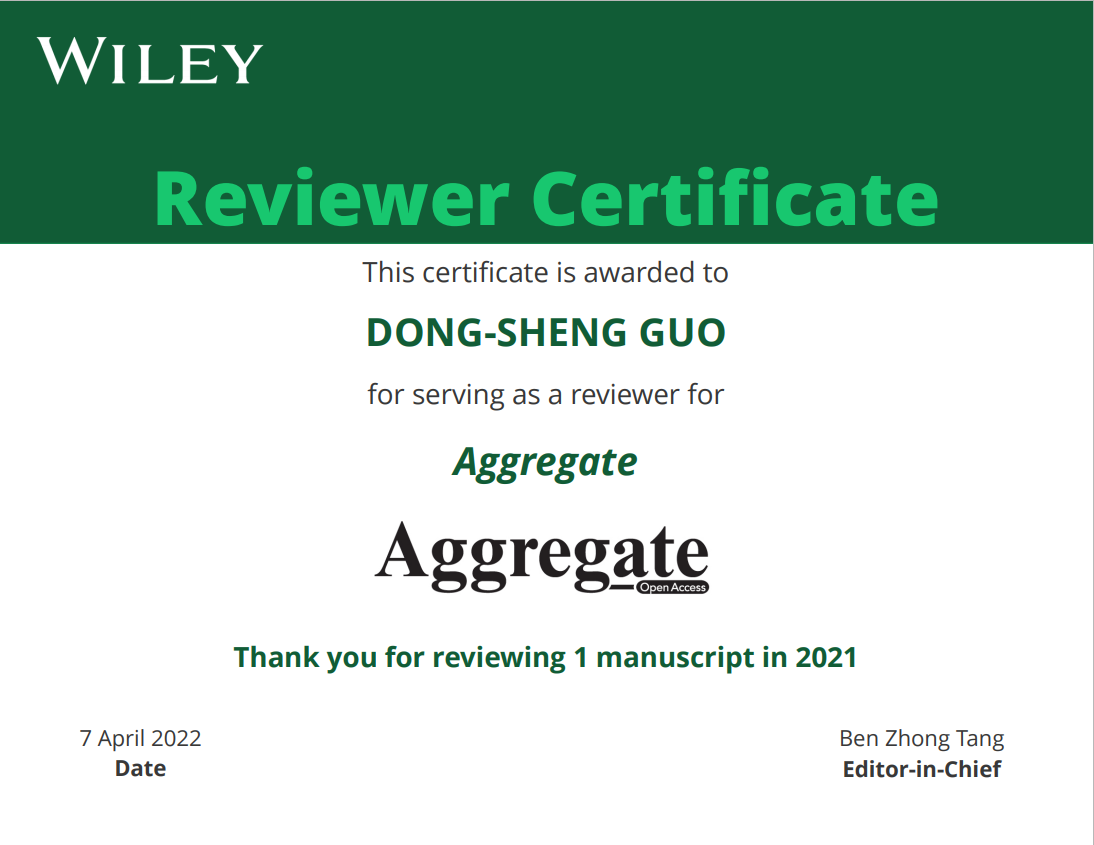 Wiley awarded a certifation to Prof. Guo for his contribution